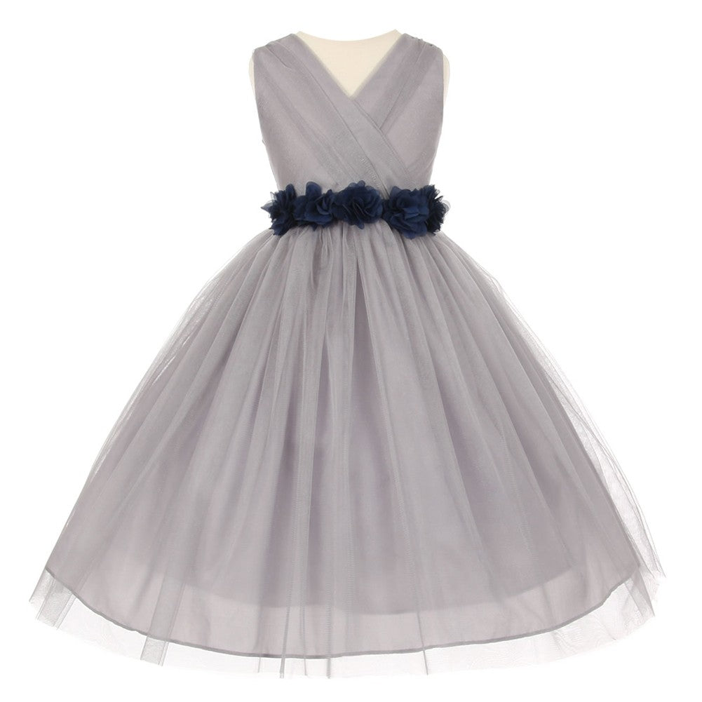 Big Girls Silver Navy Chiffon Flowers Tulle Junior Bridesmaid Dress 8-14