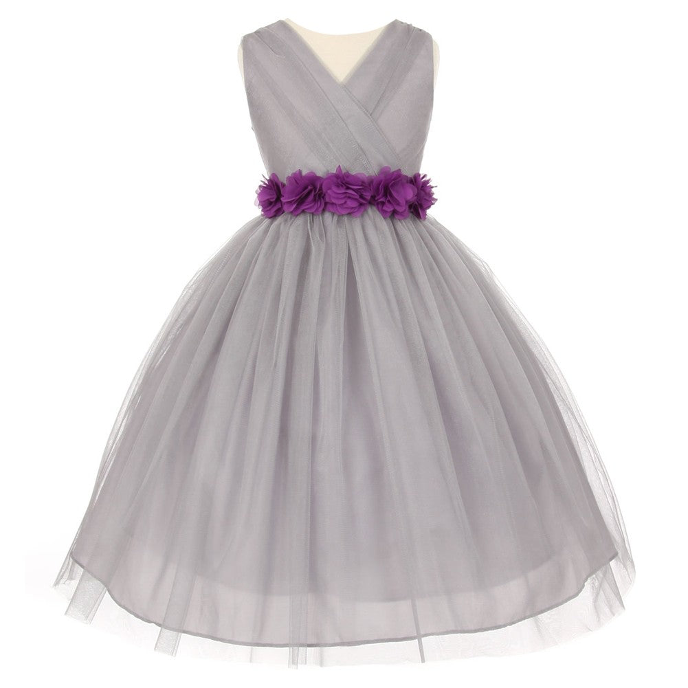 Little Girls Silver Purple Chiffon Floral Sash Tulle Flower Girl Dress 2-6
