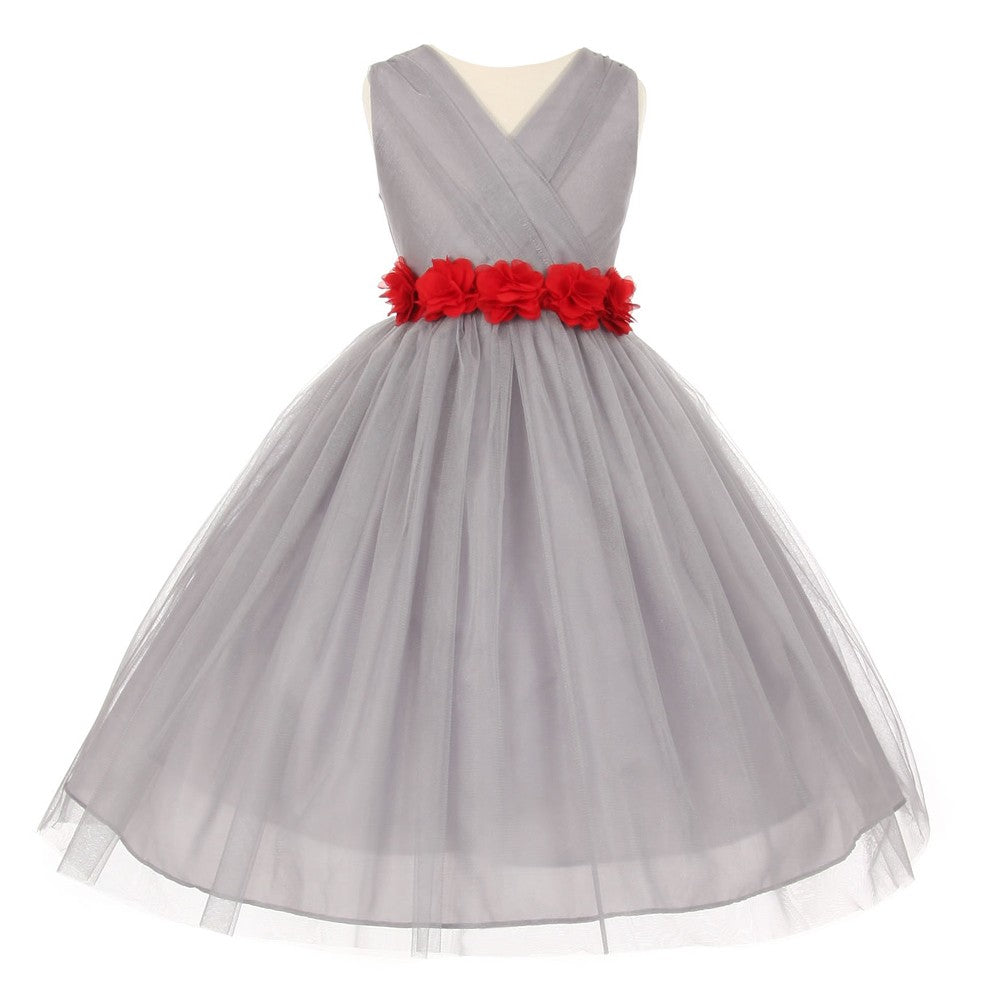 Little Girls Silver Red Chiffon Floral Sash Tulle Flower Girl Dress 2-6