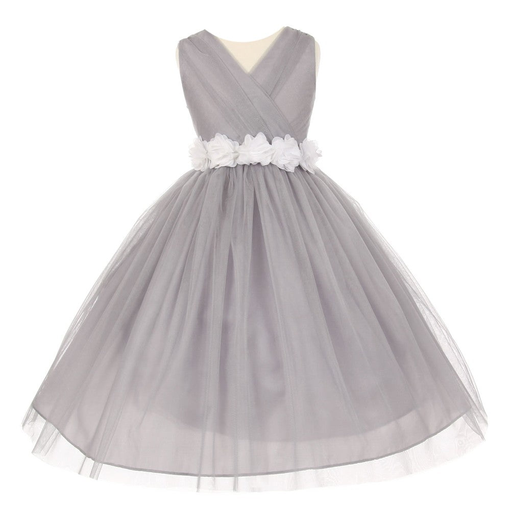 Little Girls Silver White Chiffon Floral Sash Tulle Flower Girl Dress 2-6