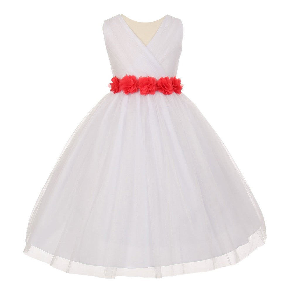 Little Girls White Coral Chiffon Floral Sash Tulle Flower Girl Dress 2-6