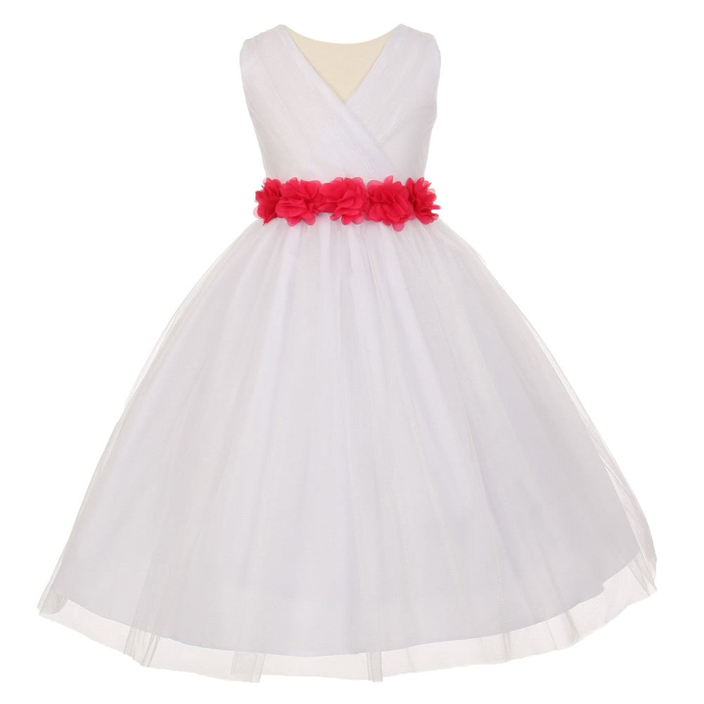 Little Girls White Fuchsia Chiffon Floral Sash Tulle Flower Girl Dress 2-6