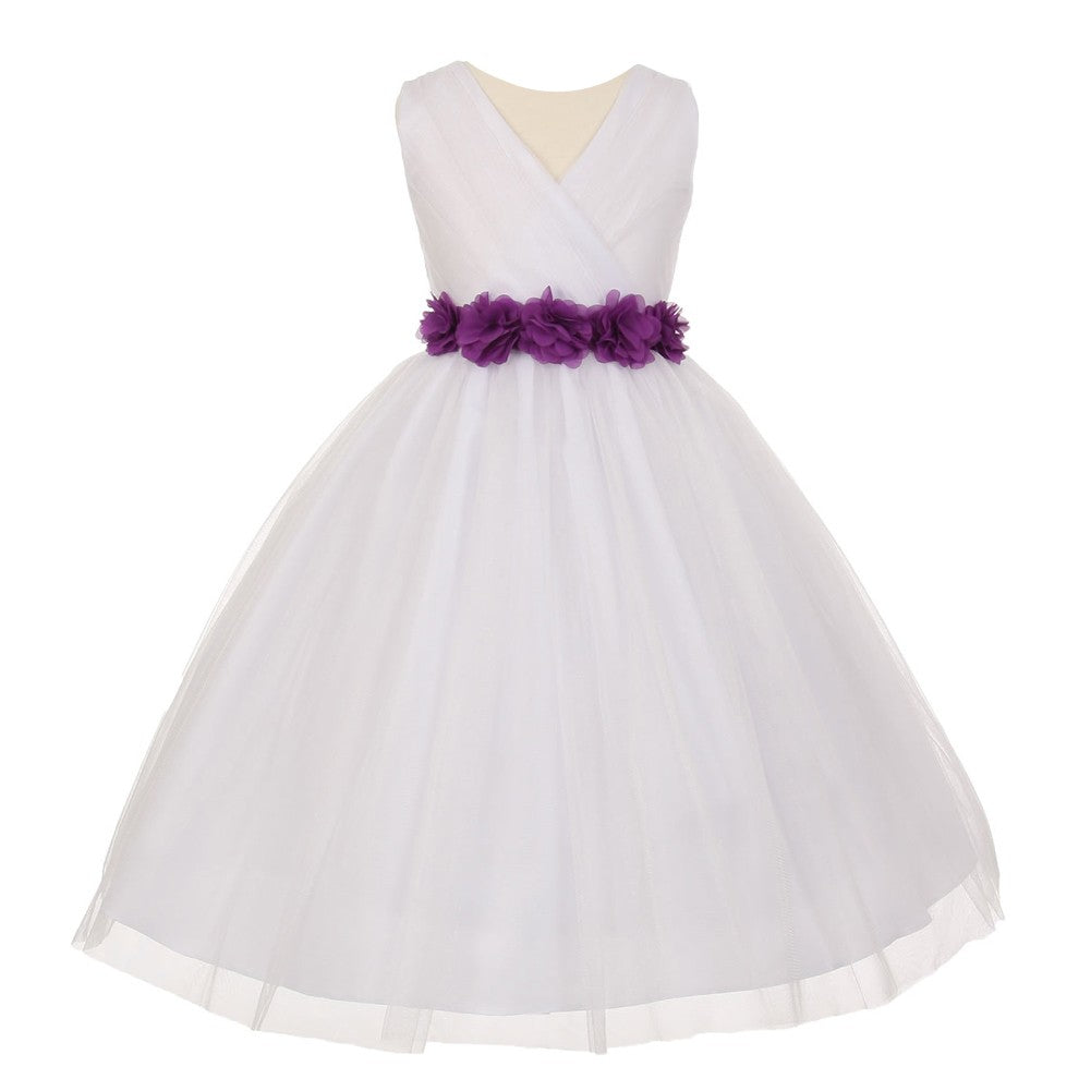 Little Girls White Purple Chiffon Floral Sash Tulle Flower Girl Dress 2-6