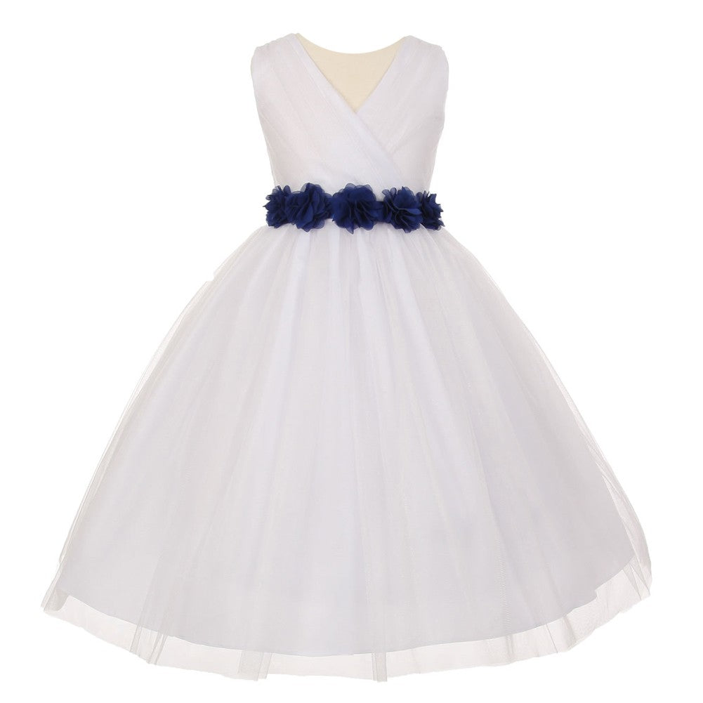 Big Girls White Royal Blue Chiffon Flowers Tulle Junior Bridesmaid Dress 8-14