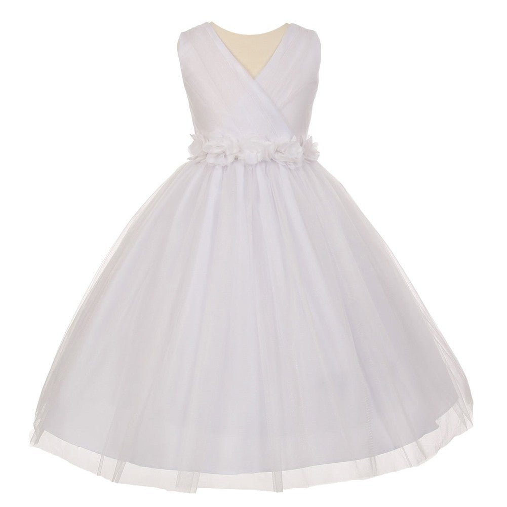 Little Girls White Chiffon Floral Sash Shiny Tulle Flower Girl Dress 2-6