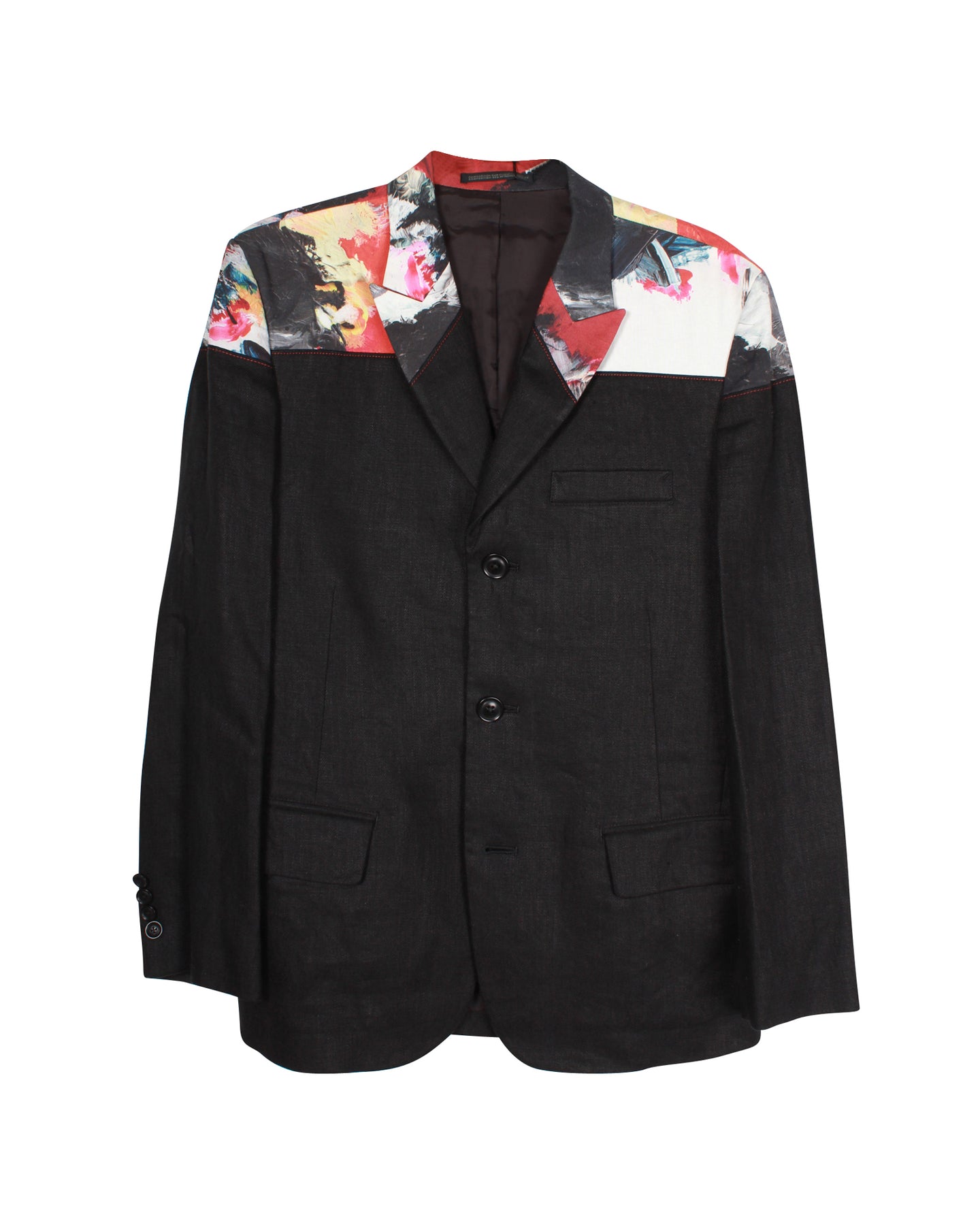 Yohji Yamamoto Paint Print Contrast Panel Blazer Jacket in Black Linen 7703697653820