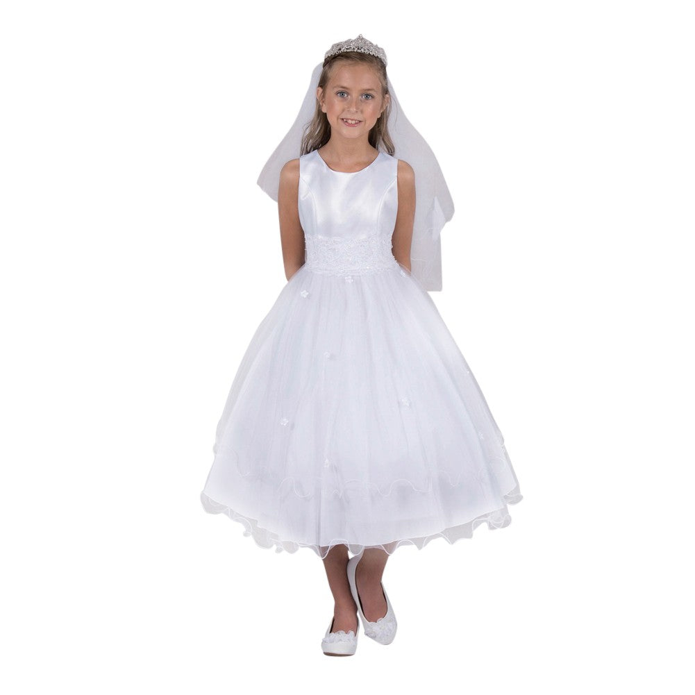 Girls' White Satin Lace Beadwork Wire Hem Communion Dress, Sizes 2-16