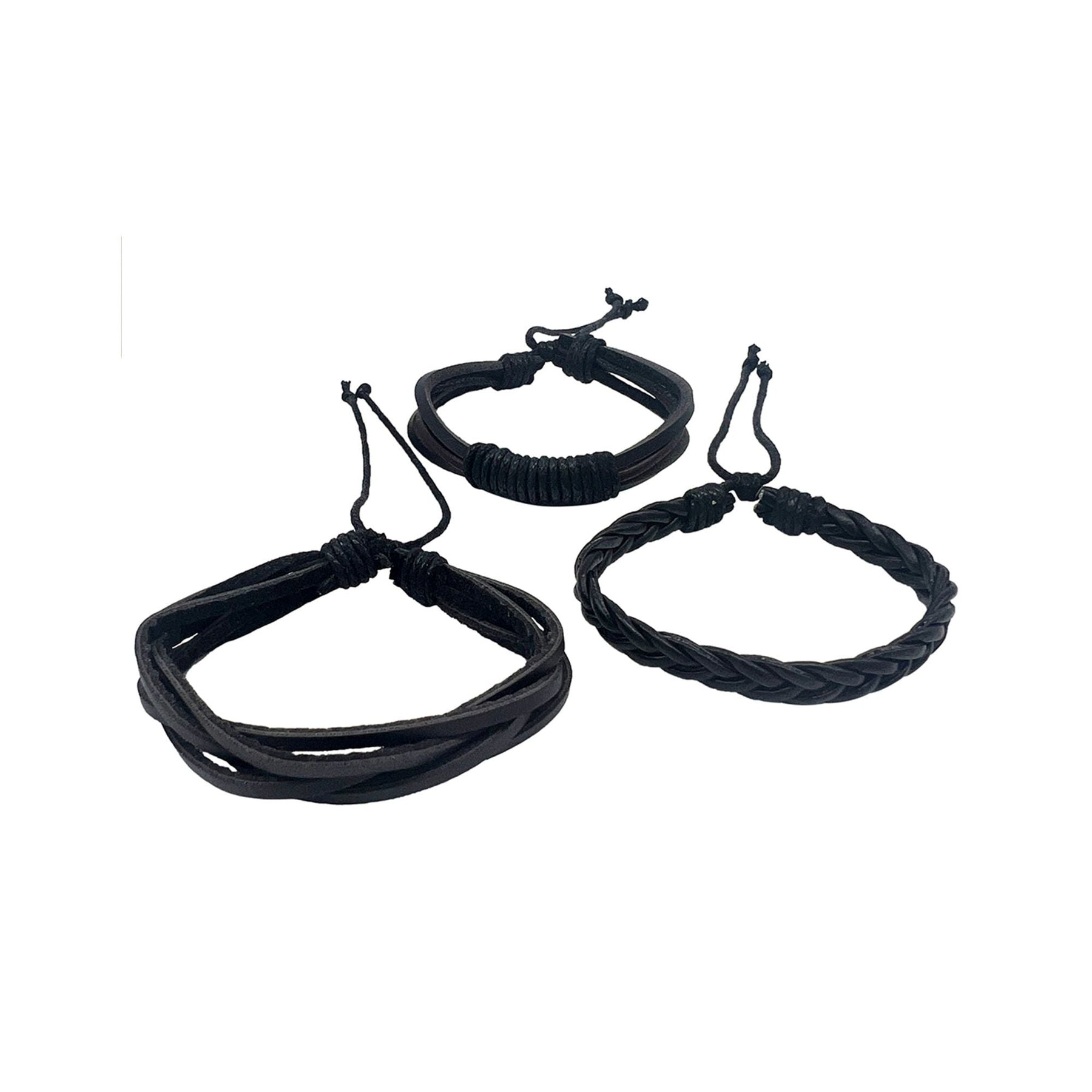 Adjustable Trio of Black Multistrand Leather Bracelets