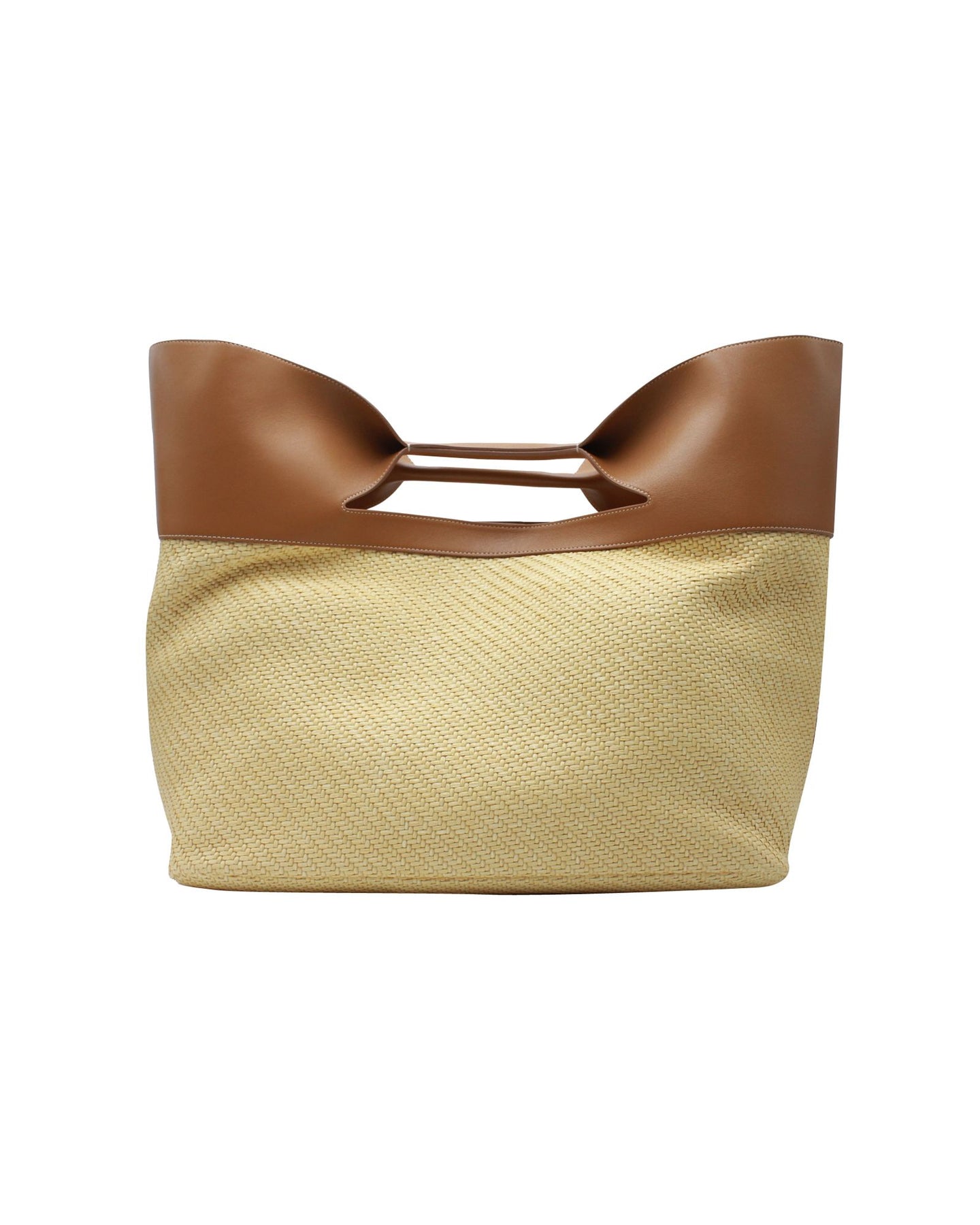 Alexander McQueen The Bow Tote Bag in 'Natural' Beige Raffia and Tan Calfskin Leather 7707797127228