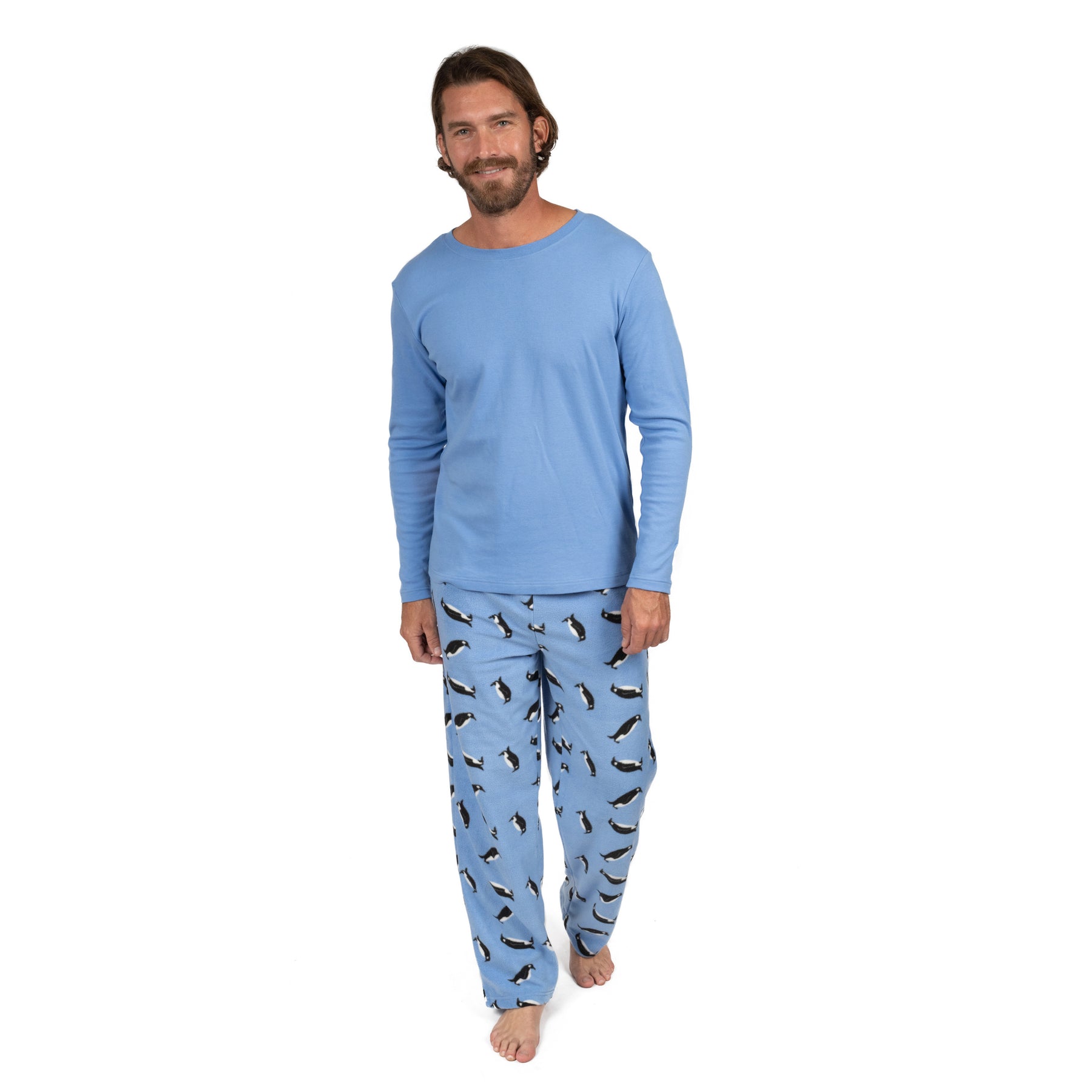Christmas Mens Cotton Top and Fleece Pant Pajamas Penguin