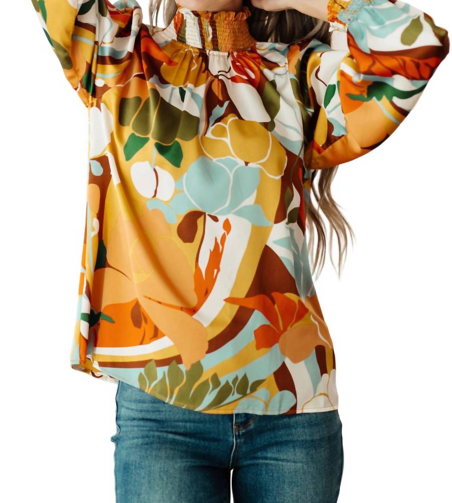 All Together Now Mock Neck Blouse In Orange 7732485554236