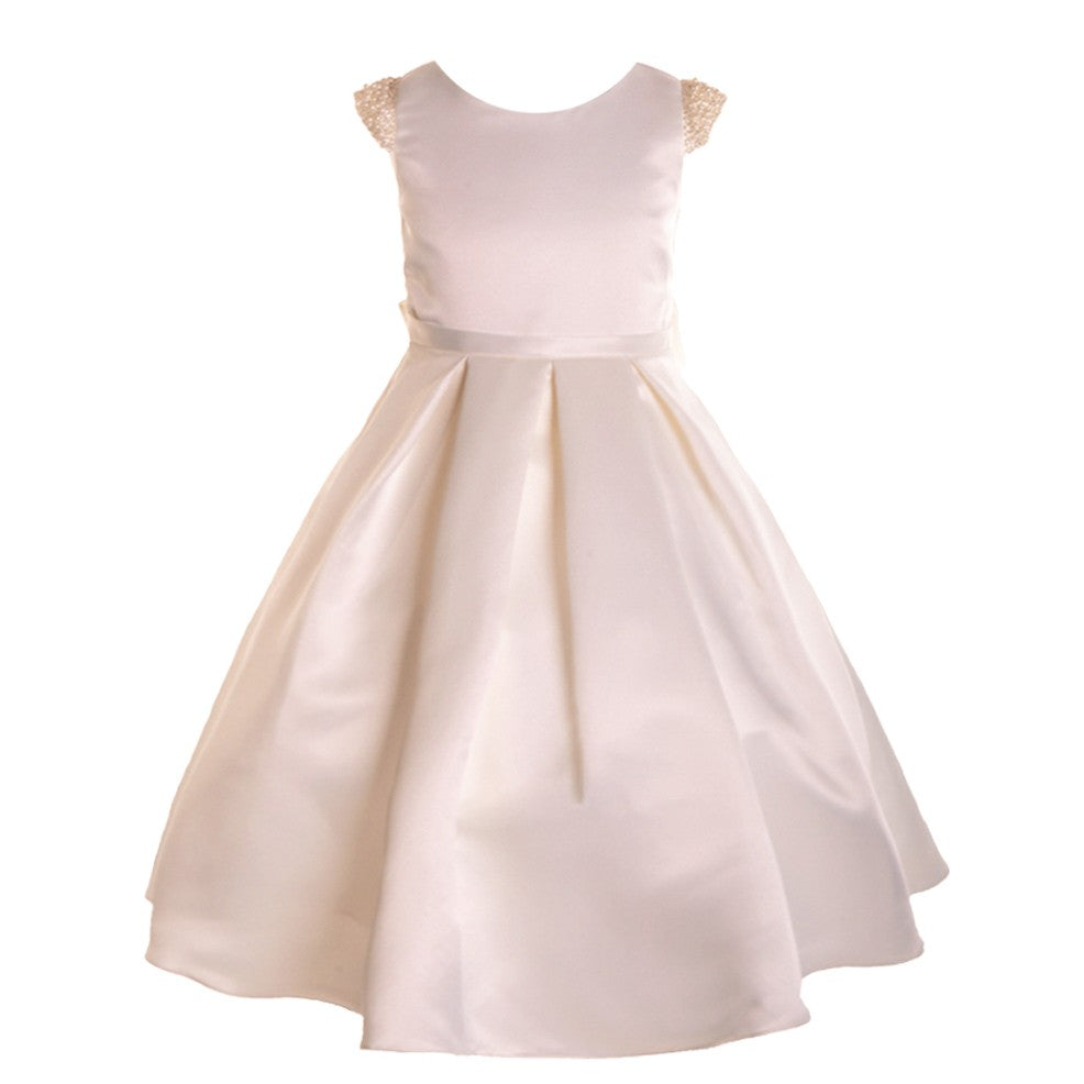 Little Girls Ivory Dull Satin Beaded Flower Girl Dress 2T-6
