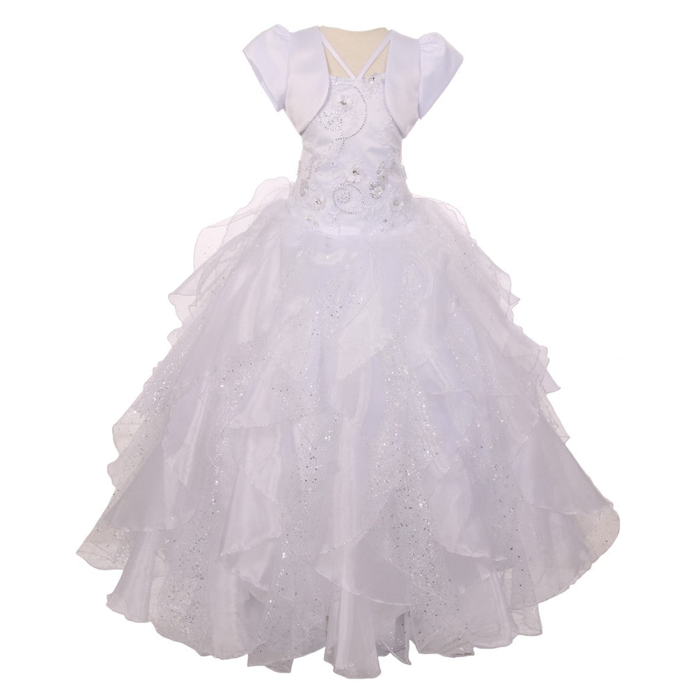 RainKids Big Girls White Sequin Flower Layer Organza Tulle Communion Dress 7-18