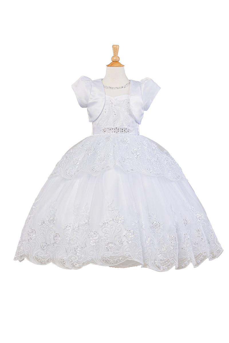 Baby Girls White Bow Rhinestone Pearl Bolero Baptism Dress 9-12M