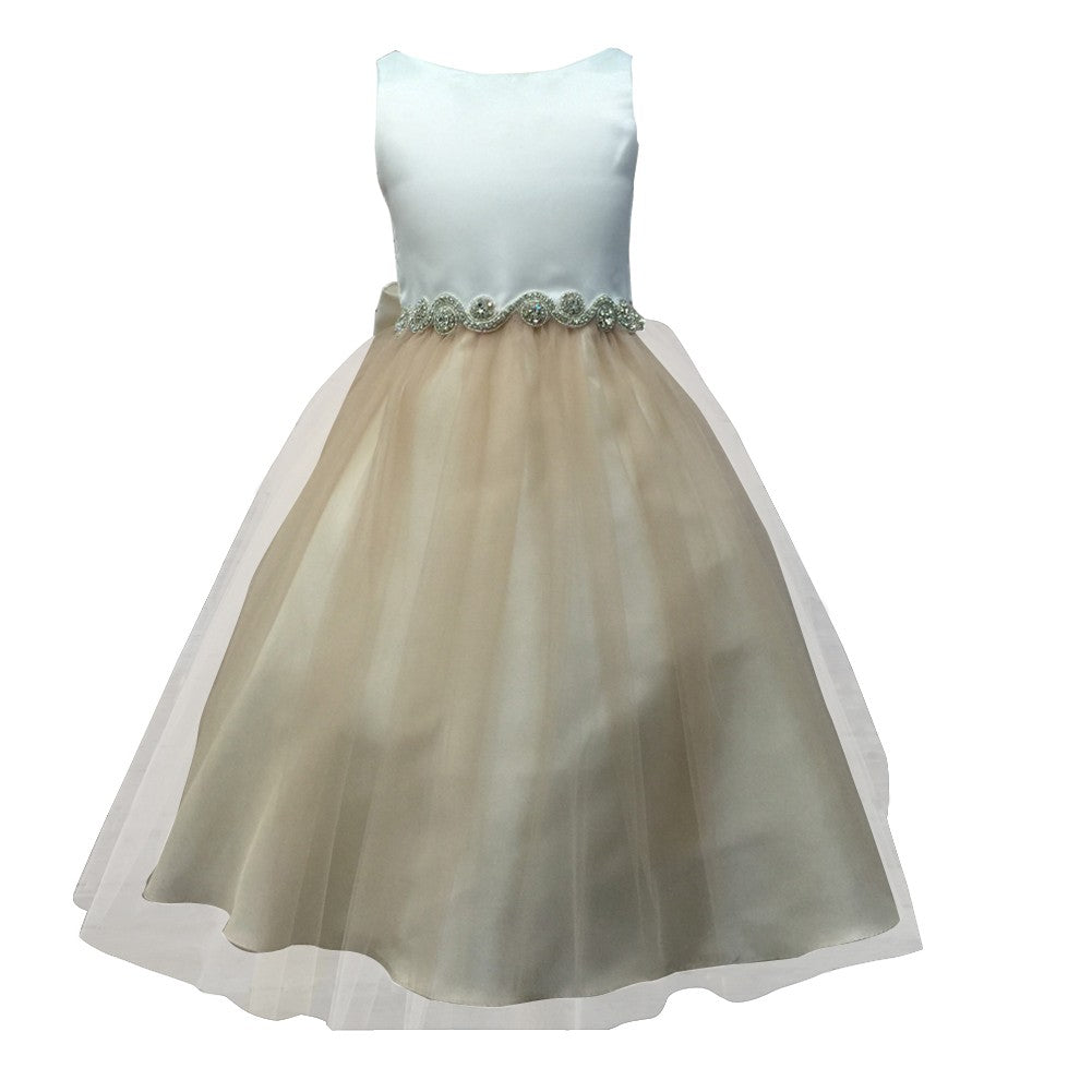 Little Girls Champagne Tulle Rhinestone Flower Girl Dress 2T-6