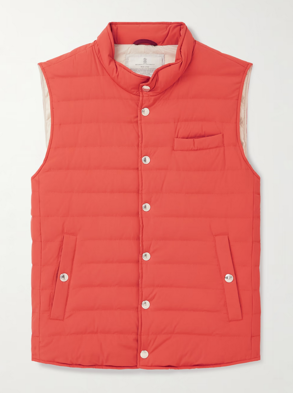 Brunello Cucinelli Men's Slim Fit Quilted Nylon Down Vest In Orange