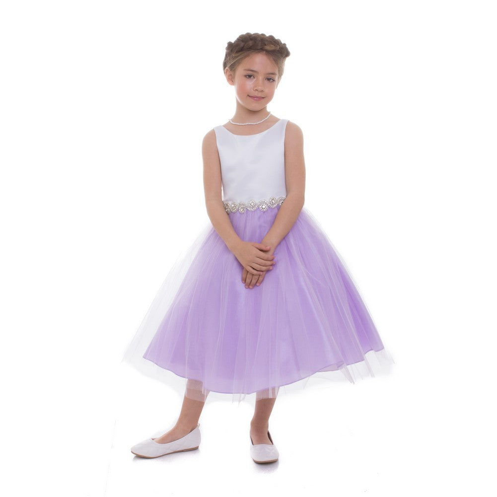 Big Girls Lilac Satin Tulle Rhinestone Junior Bridesmaid Dress 8-16