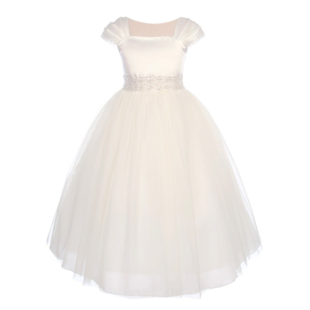 Little Girls Ivory Satin Mesh Beadwork Flower Girl Dress 2-6
