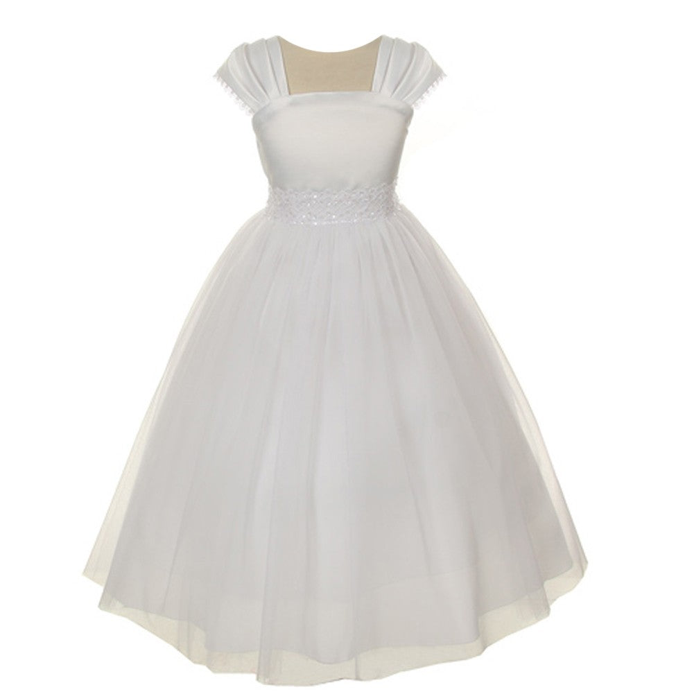 Little Girls White Satin Mesh Beadwork Flower Girl Dress 2-6