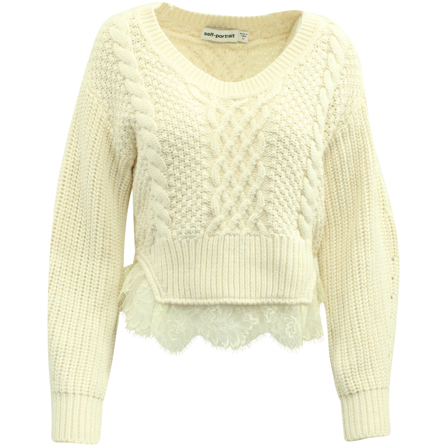 Self-Portrait Lace-Trimmed Crochet Knit Sweater in Cream Wool 7766497132604