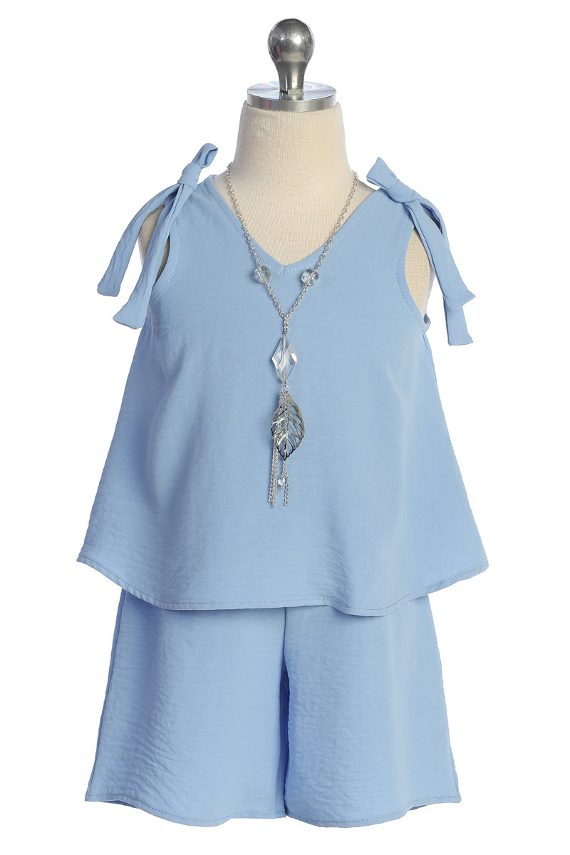 Girls Bow-Shoulder Top and Shorts Necklace Outfit Set, Sizes 4-14