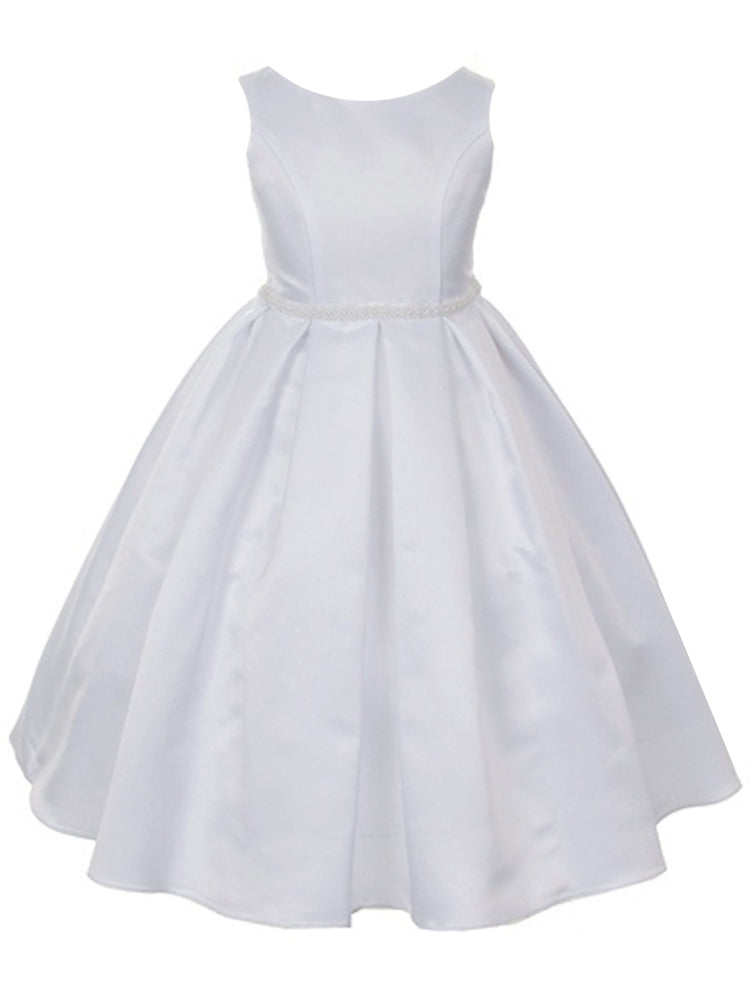 Little Girls White Pearl Trim Classic Pleated Flower Girl Dress 2-6