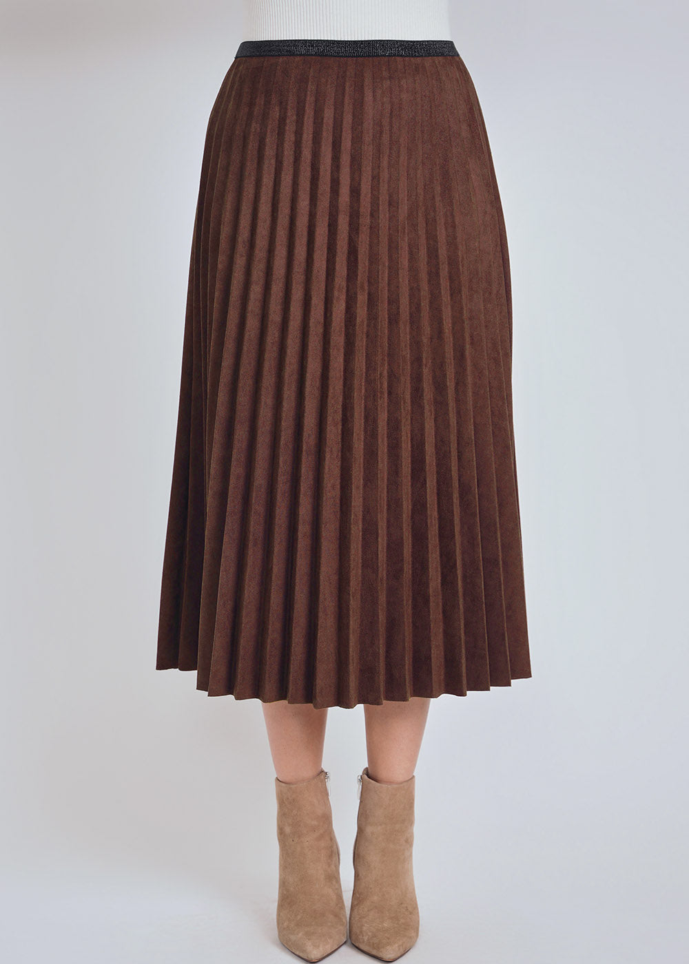 Brown Pleated Suede Midi Skirt 7832922685500