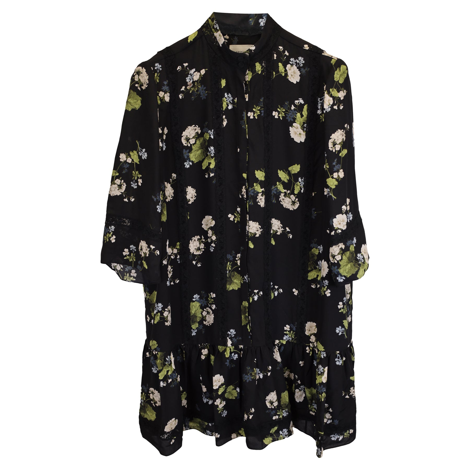 Erdem Bertram Mini 3/4 Sleeve Floral Print Dress in Black Silk 7833204916284