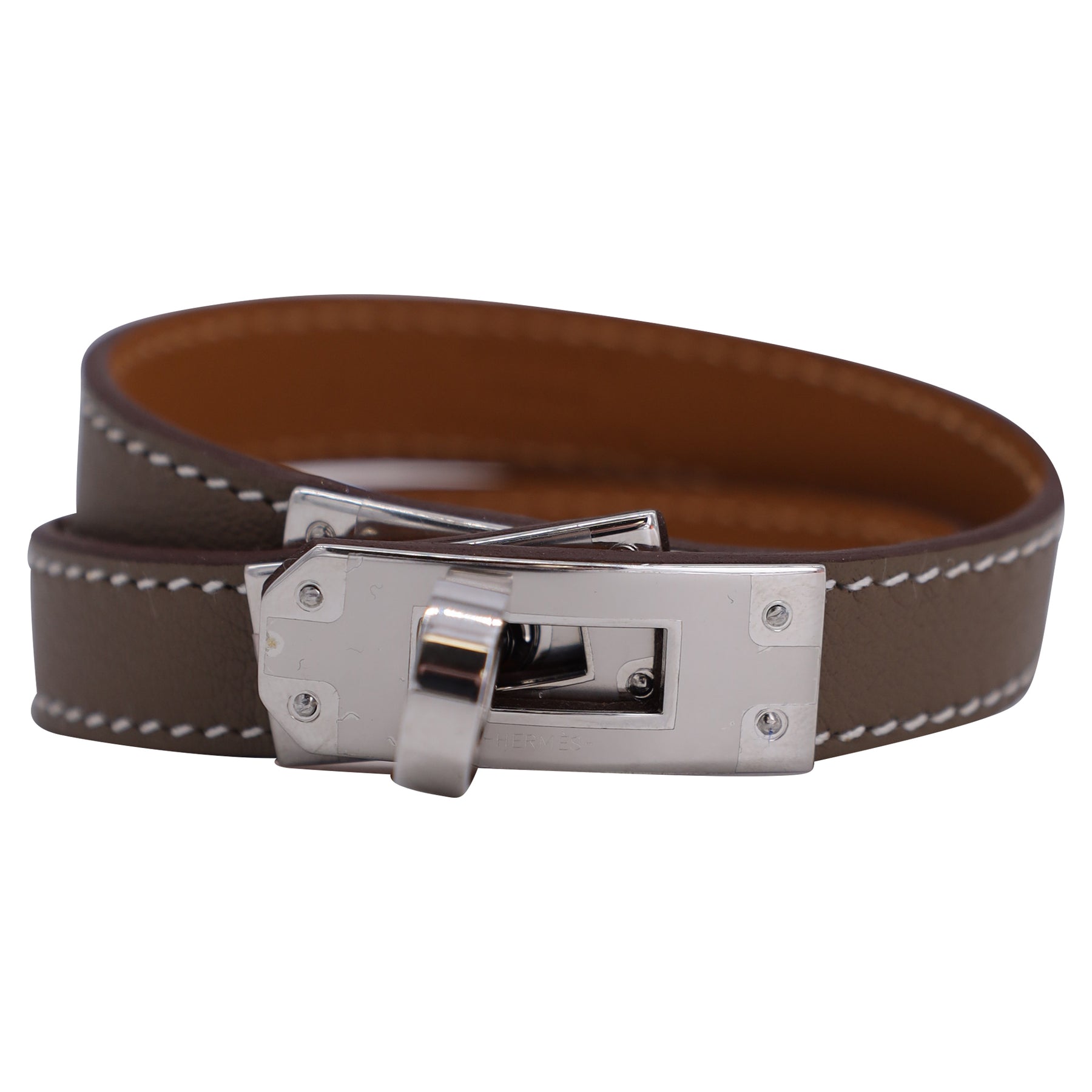 Hermès Kelly Double Tour Silver Palladium Bracelet in Brown Leather 7733743157308