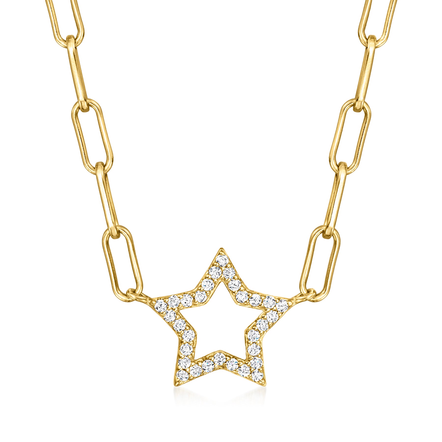 Ross-Simons CZ Star Paper Clip Link Necklace in 18kt Gold Over Sterling