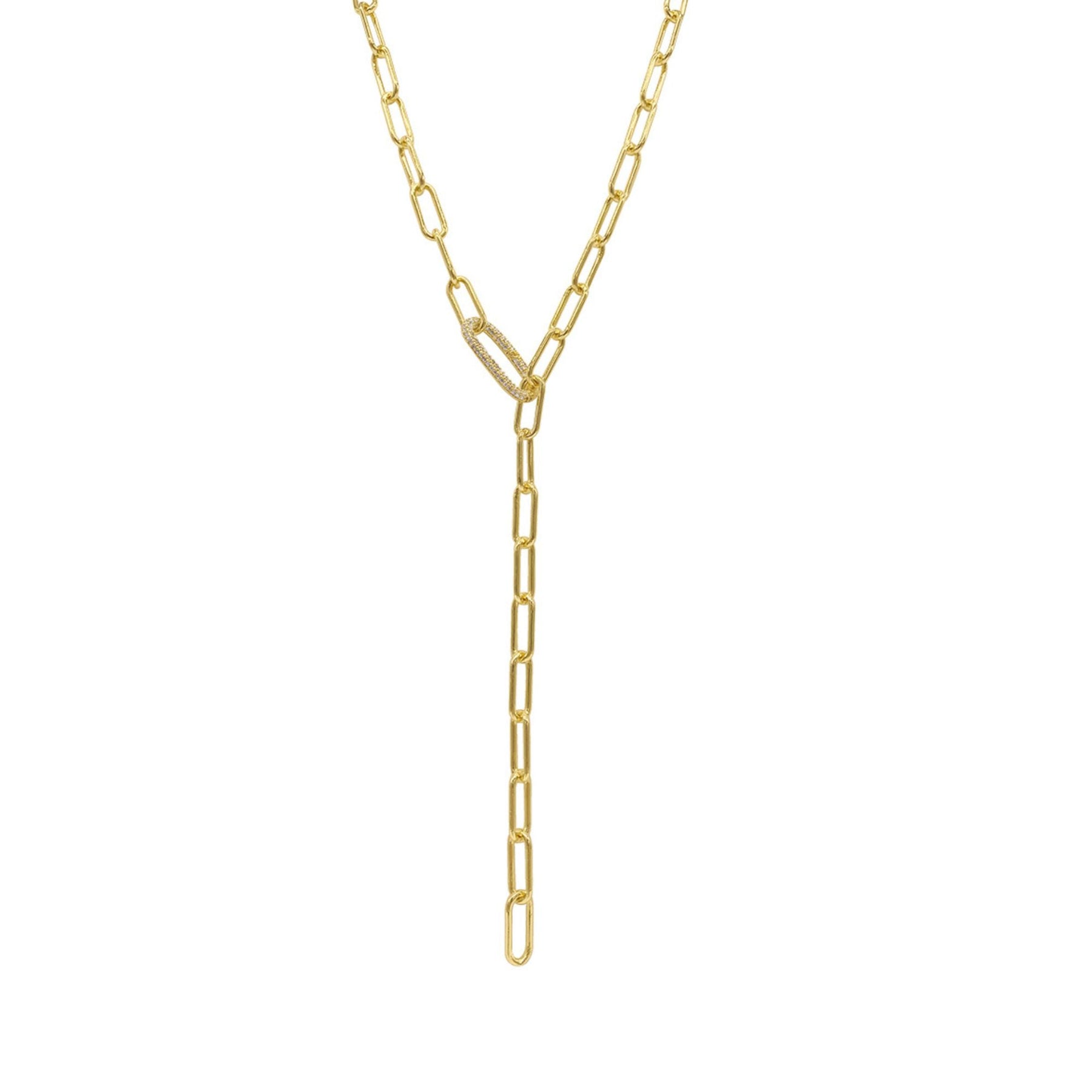 14k Gold Plated Paper Clip Chain Lariat Necklace with Crystal Adjustable Lock