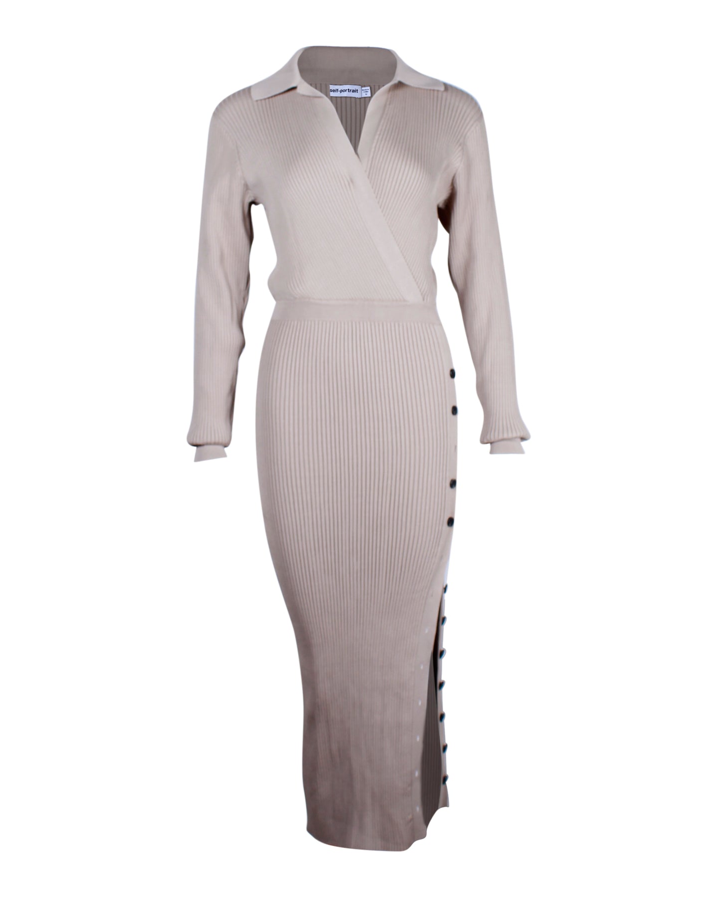 Self-Portrait Rib Knit Long Sleeve Dress in Beige Viscose 7748687102012