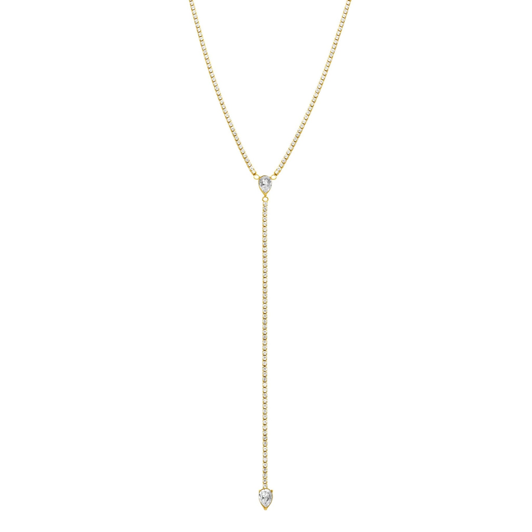 Water Resistant Crystal Y- Lariat Drop Tennis Chain Necklace gold