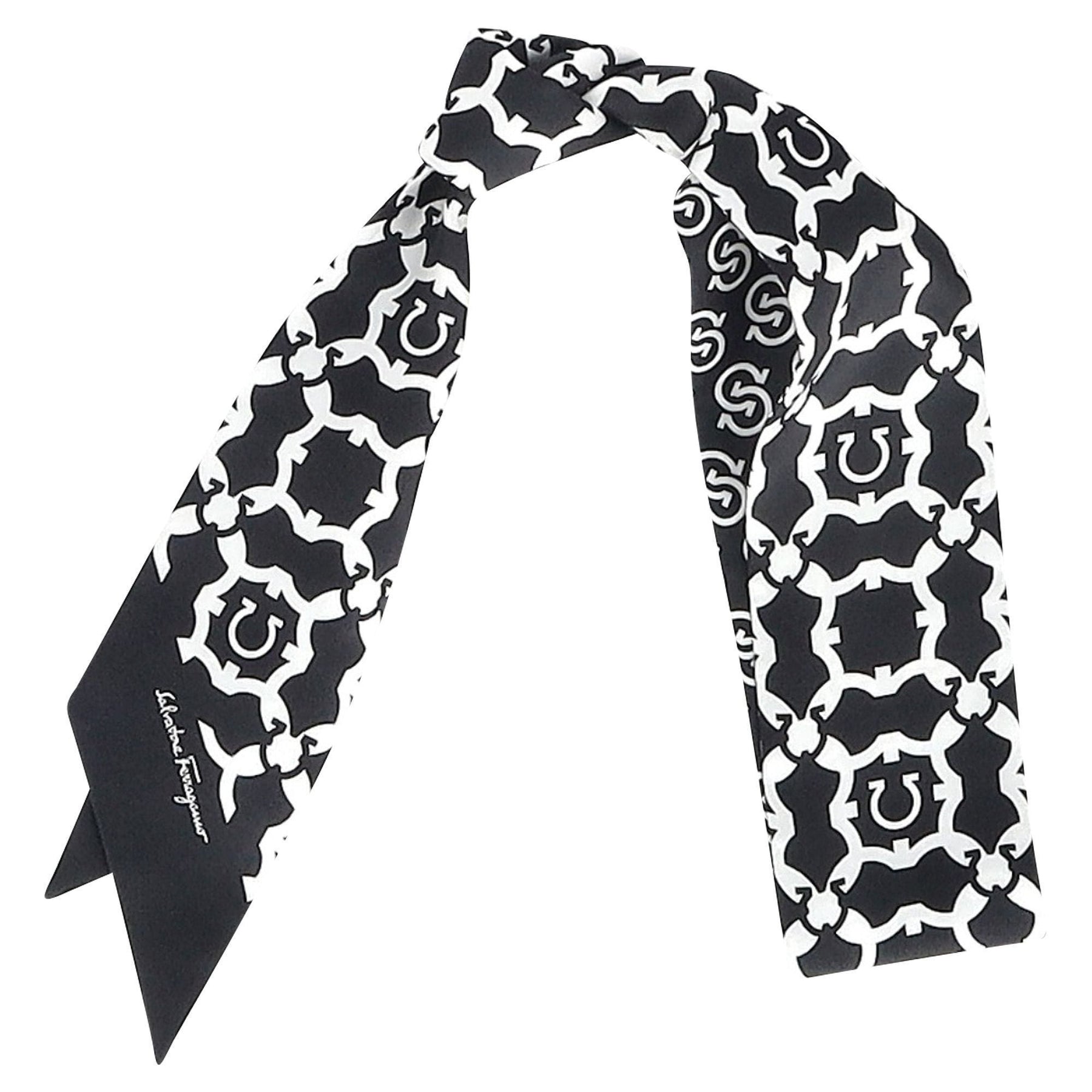 Salvatore Ferragamo Gancini Galore Printed Twilly Scarf in Black Silk