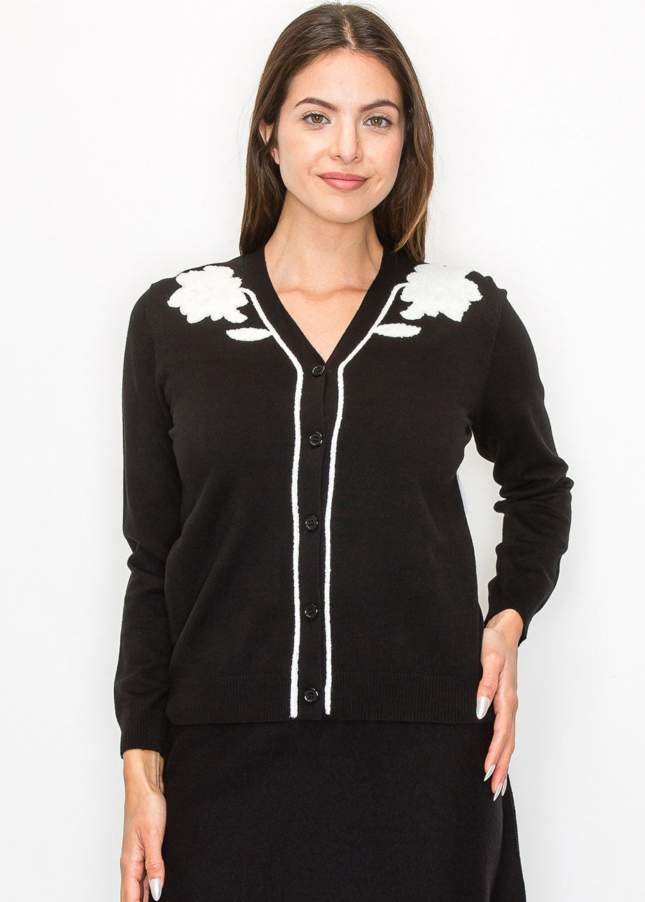 Black and White Floral Embroidered Cardigan 7832927404092