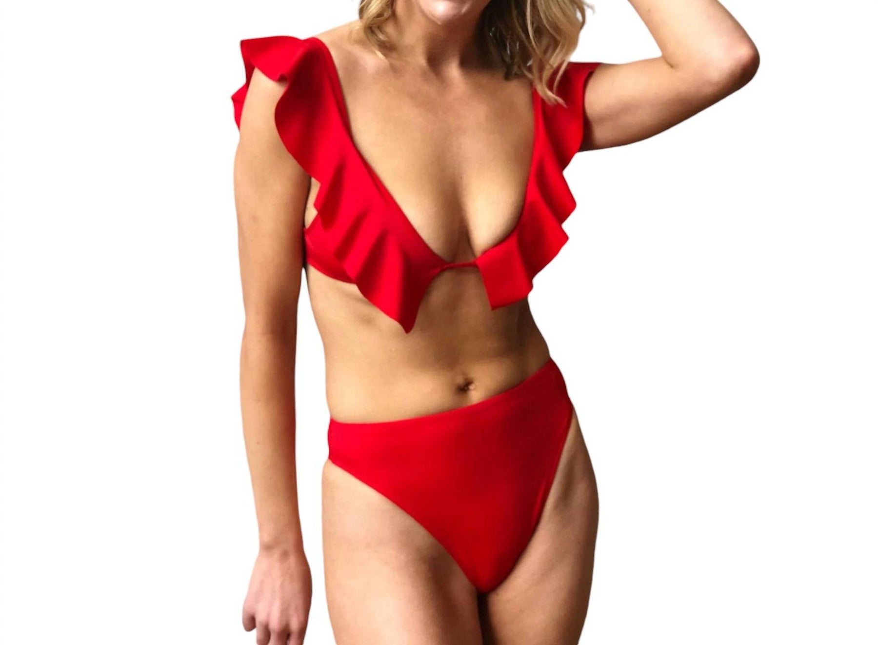 Solid Ruffle Pinafore Bikini Top In Red 7803849506876