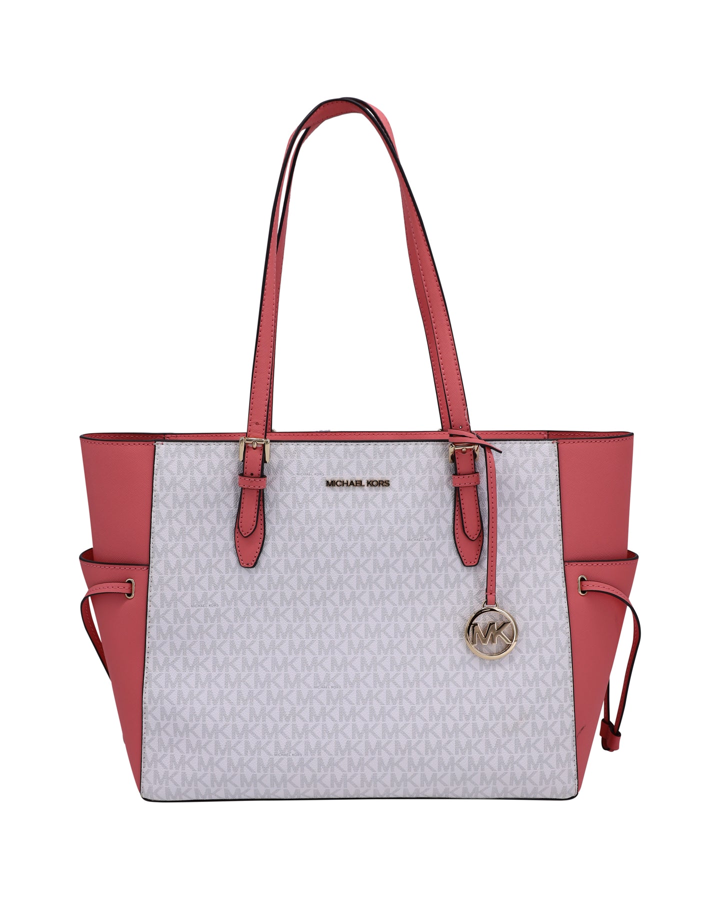 Michael Michael Kors Gilly Travel Tote Bag in White and Pink Coated Canvas 7733683322940