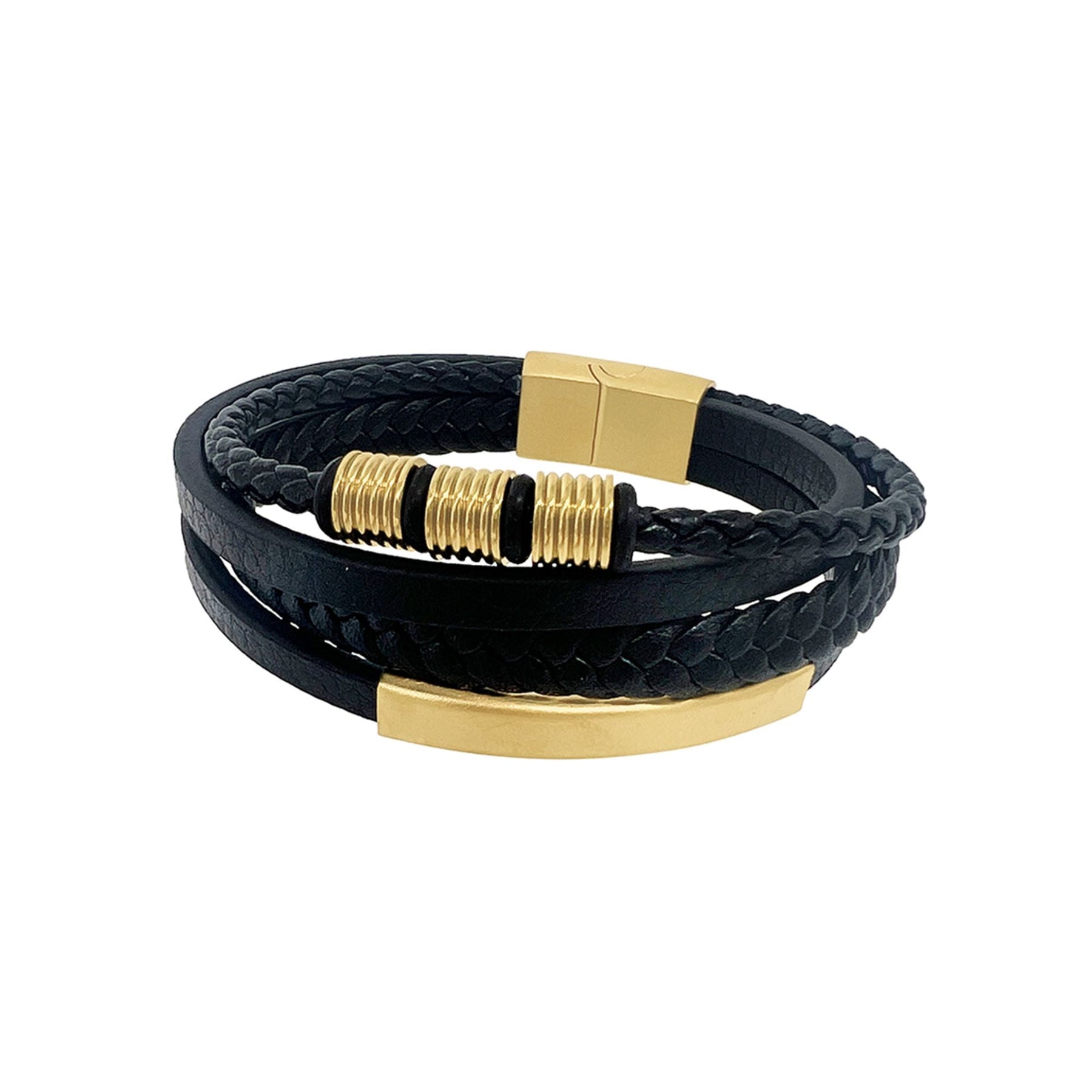 14k Gold Plated Magnetic Clasp Multistrand Leather Black Bracelet