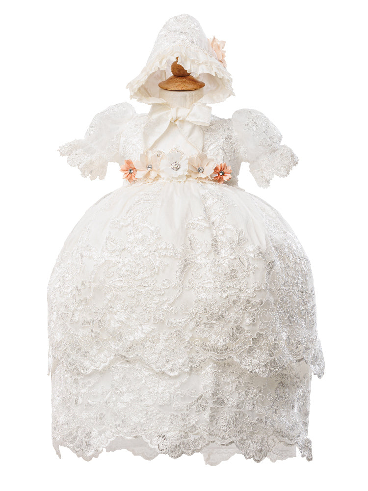 Baby Girls Ivory Puff Sleeve Headband 3 Pc Baptism Gown Set 6-12M