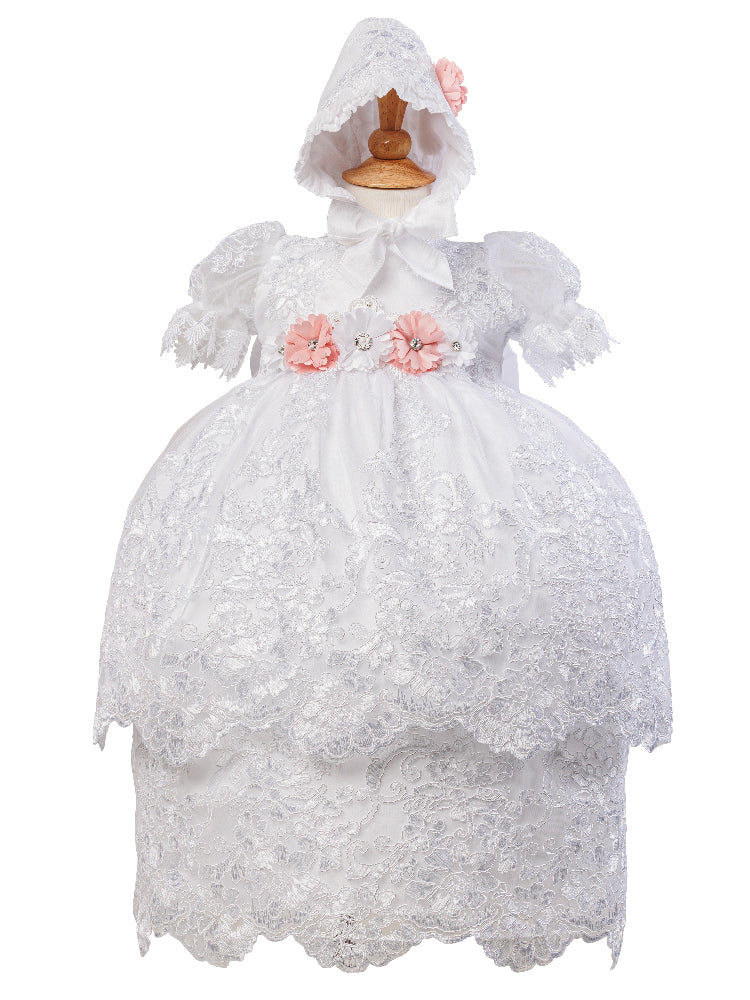 Baby Girls White Puff Sleeve Bonnet 3 Pc Baptism Gown Set 6-12M
