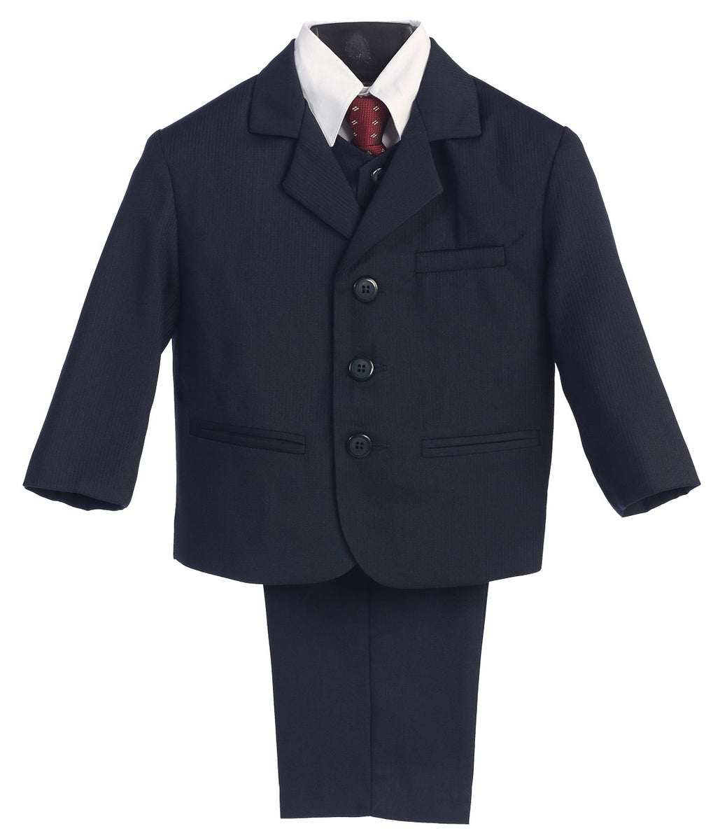 Little Boys Navy Pin-Striped Jacket Vest Necktie Shirt Pant 5 Pc Suit 2-7