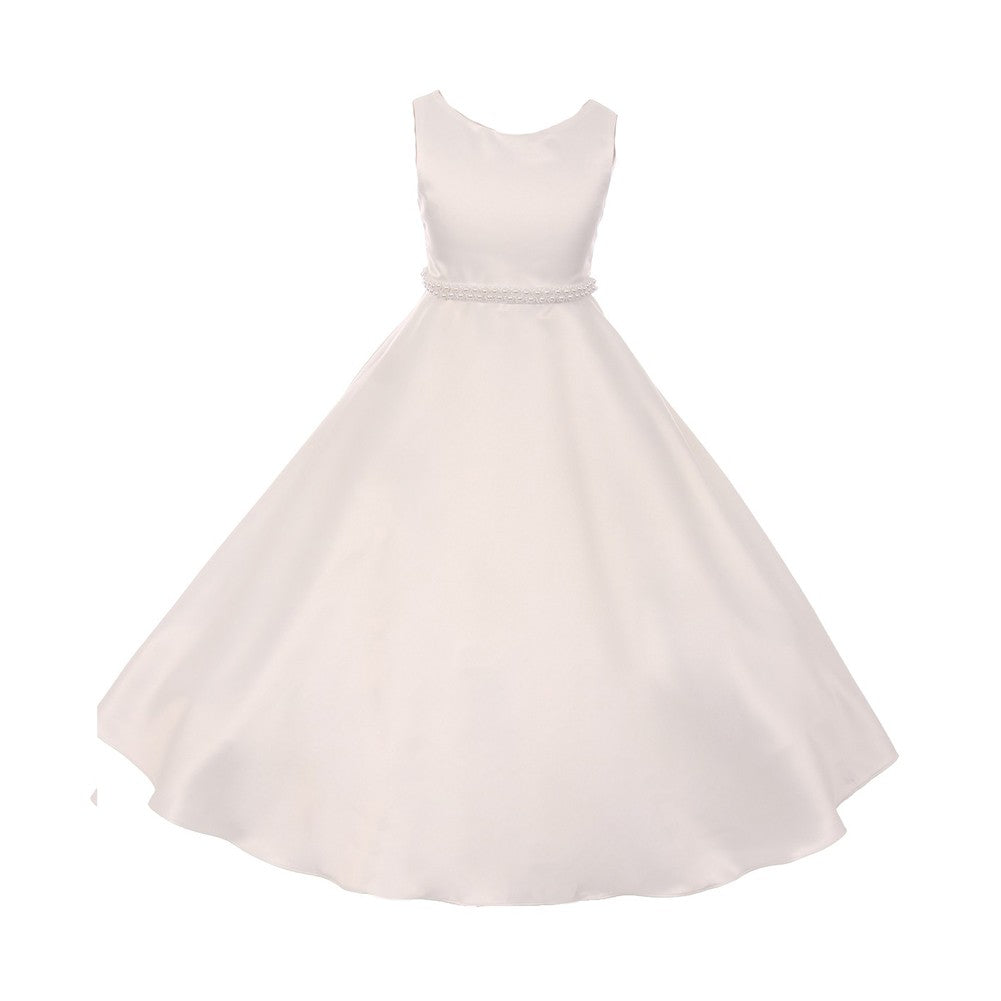Little Girls Ivory A-Line Satin Pearl Trim Flower Girl Dress 4-6