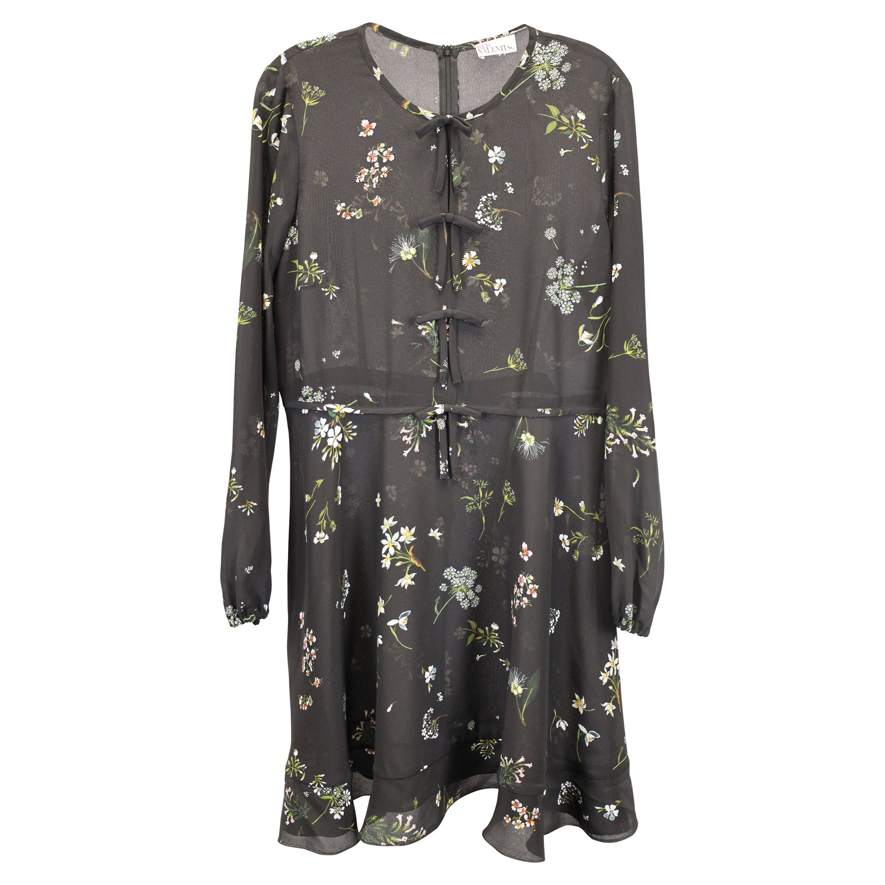 Red Valentino Floral Print Long Sleeve Dress in Black Silk Chiffon 7733643051068