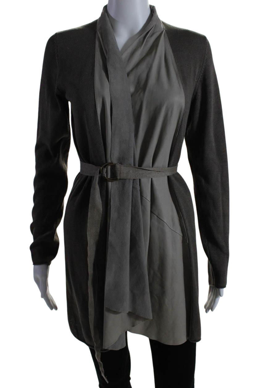 Brunello Cucinelli Womens Open Front Leather Trim Knit Jacket Brown Linen Large 7833651511356