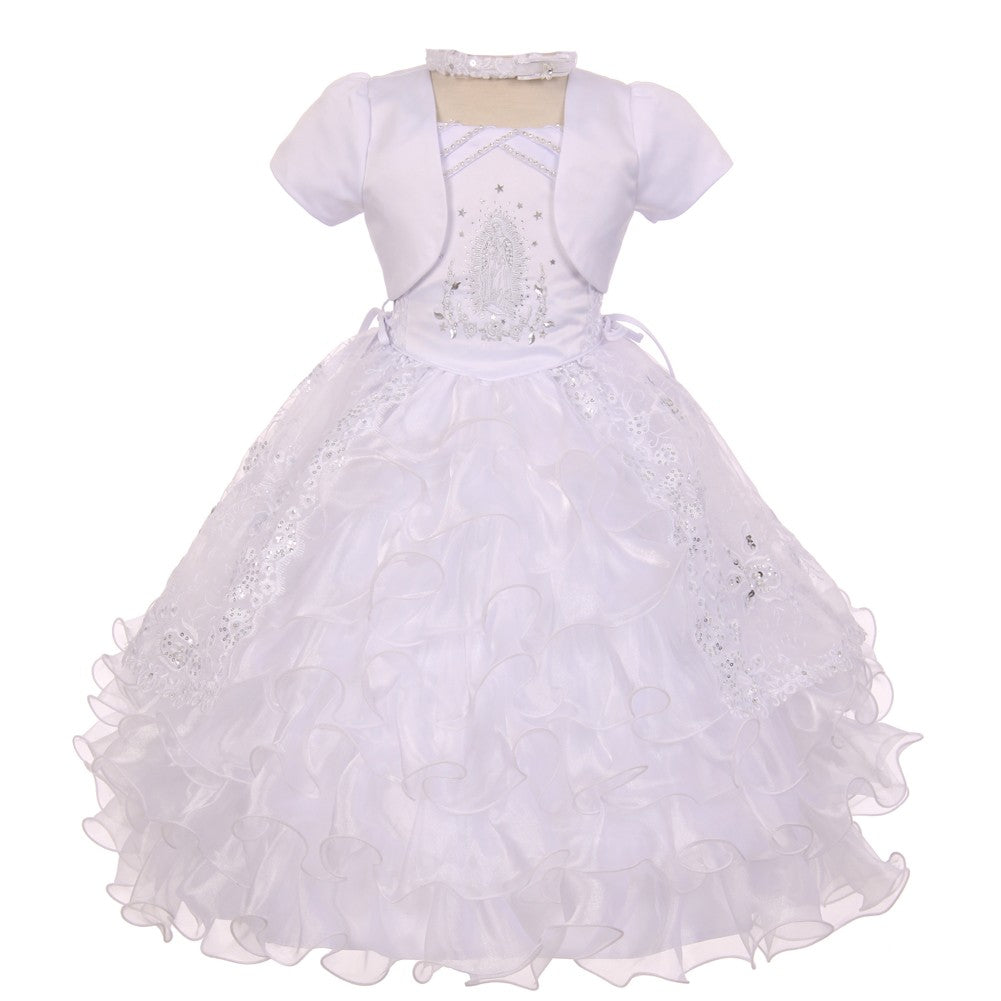 Little Girls White Rhinestones Virgin Mary Embroidery Baptism Dress 2-6