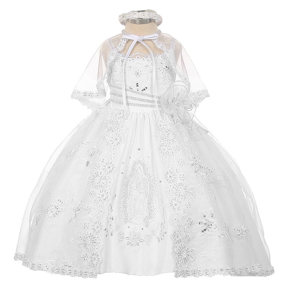 Baby Girls White Organza Virgin Mary Embroidery Baptism Dress 6-12M