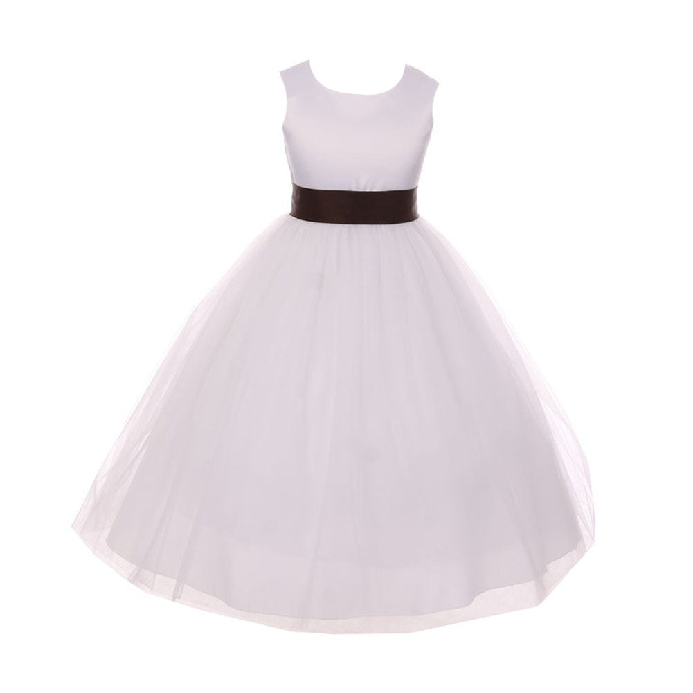 Little Girls White Brown Tulle Satin Sash Bow Flower Girl Dress 2-6