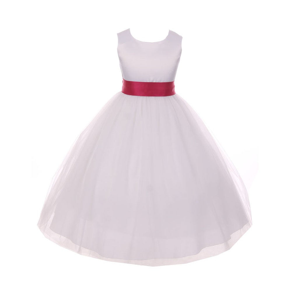 Little Girls White Fuchsia Tulle Satin Sash Bow Flower Girl Dress 2-6
