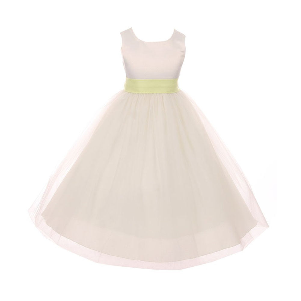 Little Girls Ivory Lime Tulle Satin Sash Bow Flower Girl Dress 2-6