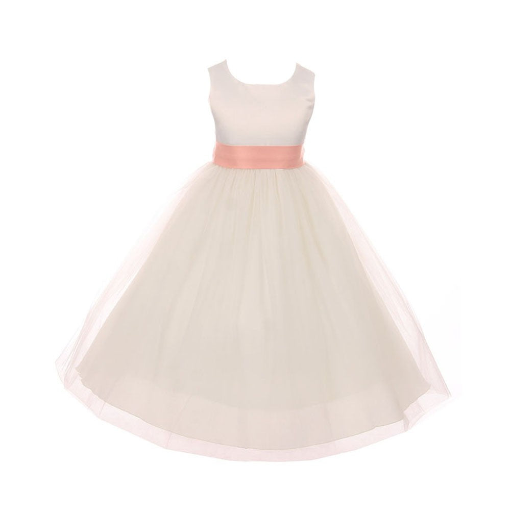Big Girls Ivory Peach Satin Sash Bow Junior Bridesmaid Dress 8-14